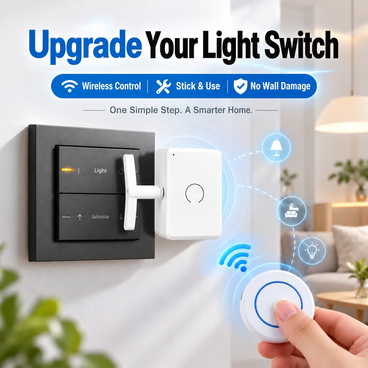 Remote control for your existing wall switch—without rewiring.