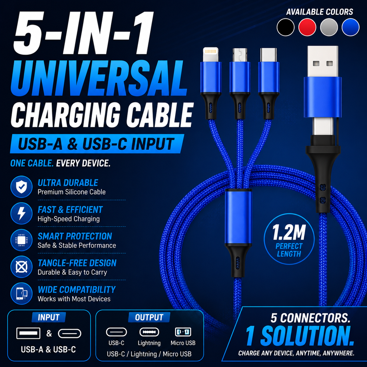 ⚡ One Cable for Every Device – 5-in-1 Universal Multi Charging Cable (1.2m)