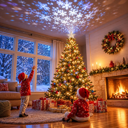 Christmas Star Projector Tree Topper – 3D Illuminated Star with Rotating Snowflake Light