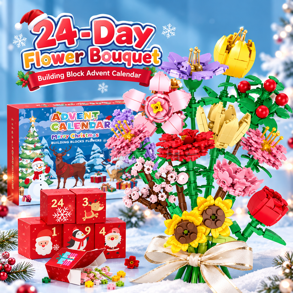 🎄24-Day Flower Bouquet Building Block Advent Calendar🌸